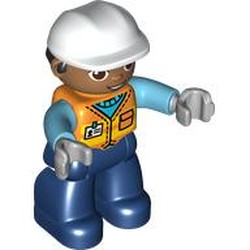 LEGO part 97928c01pr0001 Duplo Figure with Construction Helmet White and Black Hair, Dark Blue Legs, Safety Vest Print in Bright Orange/ Orange