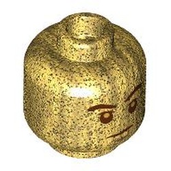 LEGO part 6947pr0004 Minifig Head Bruce Wayne, Eyebrows, Chin Dimple, Frown / Angry Print in Warm Gold/ Pearl Gold