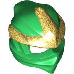 LEGO part 7554pat0001 Wrap with Forehead Ridge with Gold 3 Point Emblem, Bow in Back pattern in Dark Green/ Green