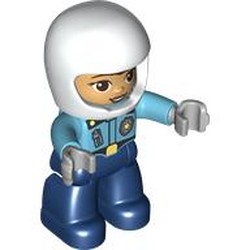 LEGO part 23973pr9998 Duplo Figure with Helmet White, Dark Blue Legs, Police Shirt with Badge and Zipper, Warm Tan Face Print in Medium Azure