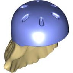 LEGO part 02137pat0005 Hair and Helmet, Long with Blue Violet Helmet Pattern in Brick Yellow/ Tan