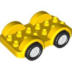 LEGO part 11841c03 Duplo Car Base 2 x 6 - 4 White Wheels with Black Tires on 4 Fixed Axles in Bright Yellow/ Yellow