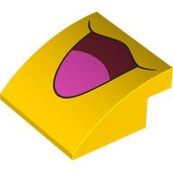 LEGO part 7249pr0001 Brick Curved 4 x 4 x 1 2 / 3 with Open Dark Red Mouth, Bright Pink Tongue print in Bright Yellow/ Yellow