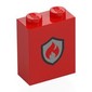 Brick 1 x 2 x 2 with Inside Stud Holder with Black/Silver Firefighter Badge print