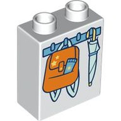 LEGO part 76371pr0299 Duplo Brick 1 x 2 x 2 with Bottom Tube, Hooks with Bag and Unbrella Print in White