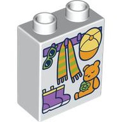 LEGO part 76371pr0291 Duplo Brick 1 x 2 x 2 with Bottom Tube, Hooks with Scarf and Hat, Shoes, and Teddy Bear Print in White