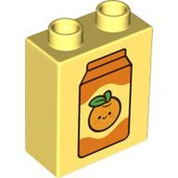LEGO part 76371pr0290 Duplo Brick 1 x 2 x 2 with Bottom Tube, Orange Juice Carton Print in Cool Yellow/ Bright Light Yellow