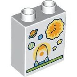 LEGO part 76371pr0289 Duplo Brick 1 x 2 x 2 with Bottom Tube, Rocket Ship, Sun, Planets Print in White
