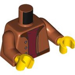 LEGO part 973c41h01pr0004 Torso, Jacket, Nougat Collar, Dark Red Shirt print, Dark Orange Arms, Yellow Hands in Dark Orange