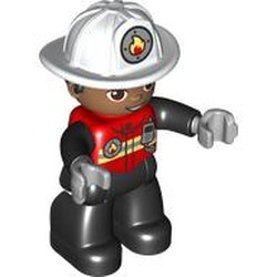 LEGO part 41160pr0202 Duplo Figure with Helmet, Black Legs, Jacket with Bright Light Yellow Safety Stripes, Fire Badge, and Radio Print (Firefighter) in Bright Red/ Red