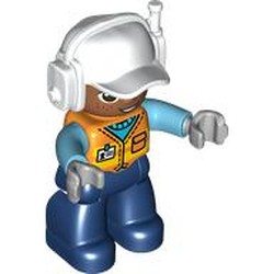 LEGO part 10111pr0006 Duplo Figure with Headset and Cap White, Dark Blue Legs, Safety Vest Print in Bright Orange/ Orange