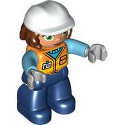 LEGO part 97900pr0002 Duplo Figure with Construction Helmet White and Reddish Brown Hair, Dark Blue Legs, Safety Vest Print in Bright Orange/ Orange