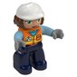 Duplo Figure with Construction Helmet White and Reddish Brown Hair, Dark Blue Legs, Safety Vest Print