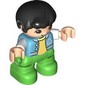 Duplo Figure Child, Hair Combed Forward with Curl Black, Bright Green Legs, Bright Light Yellow Under Shirt, Jacket, Hearing Aids Print