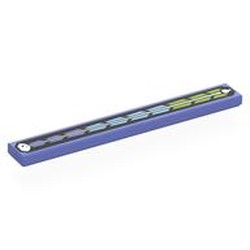 LEGO part 4162pr0079 Tile 1 x 8 with Blue Violet, Medium Blue, Lime Shapes, White Arrow on Black Background print in Blue Violet