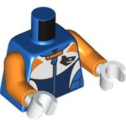 LEGO part 973c34h27pr0001 Torso, Orange Arms, White Hands with print in Bright Blue/ Blue