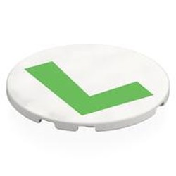 LEGO part 7212pr0008 Tile Round 6 x 6 with Bright Green 'L' print in White