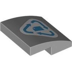 LEGO part 15068pr0114 Slope Curved 2 x 2 x 2/3 with Green Glass Recycling Symbol on White Background print in Medium Stone Grey/ Light Bluish Gray