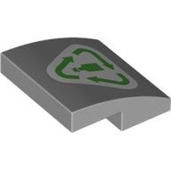 LEGO part 15068pr0115 Slope Curved 2 x 2 x 2/3 with Dark Azure Paper Recycling Symbol on White Background print in Medium Stone Grey/ Light Bluish Gray