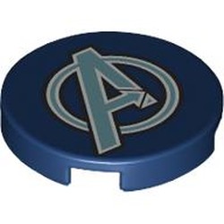 LEGO part 14769pr0166 Tile Round 2 x 2 with Sand Blue/White Avengers Logo print in Earth Blue/ Dark Blue