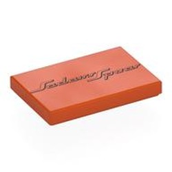 LEGO part 26603pr0075 Tile 2 x 3 with Black 'Sadairs Spear' print in Reddish Orange