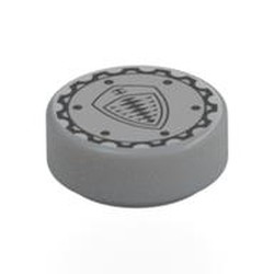 LEGO part 98138pr0126 Tile Round 1 x 1 with Silver Bolt, Koenigsegg Logo print in Medium Stone Grey/ Light Bluish Gray