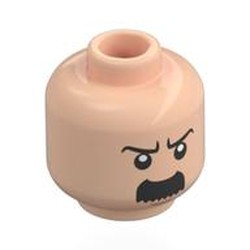 LEGO part 28621pr0062 Minifig Head Thompson, Black Eyebrows, Thick Moustache Rounded, Angry / Smile, Closed Eyes in Light Nougat