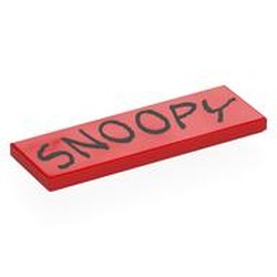 LEGO part 69729pr0080 Tile 2 x 6 with Black 'SNOOPY' print in Bright Red/ Red