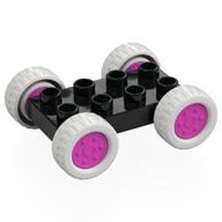 LEGO part 12592c08 Duplo Car Base 2 x 4 with Fixed Axles - 27.5 White Tires & Coral Wheels in Black