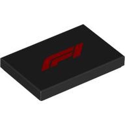 LEGO part 26603pr0036 Tile 2 x 3 with Red 'F1' print in Black