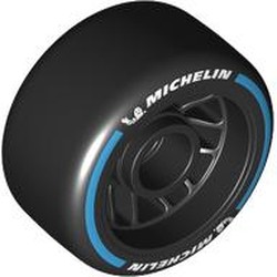 LEGO part 105162pr0005 Wheel Rim 24 x 13.4 with Black Slick Tyre with White 'MICHELIN', Dark Azure Stripe print in Black
