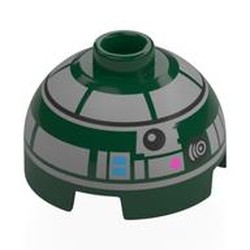 LEGO part 3262pr0009 Brick Round 2 x 2 Dome Top, Vented Stud with Light Bluish Grey Astromech Droid Print in Earth Green/ Dark Green