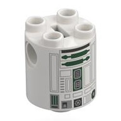 LEGO part 30361cpr0028 Brick Round 2 x 2 x 2 Robot Body, Axle Holder '+' Orientation with Dark Green Astromech Droid Print in White
