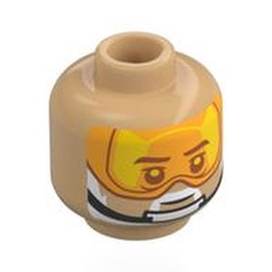 LEGO part 28621pr0064 Minifig Head Carson Teva, Dark Bluish Grey Eyebrows, White Beard, Neutral / Black Chin Strap, Trans-Orange Visor in Warm Tan