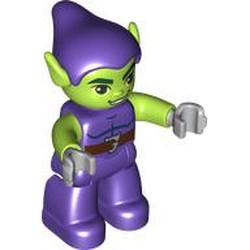 LEGO part 21239pr0003 Duplo Figure Green Goblin, Dark Purple Hat and Tunic Print in Medium Lilac/ Dark Purple