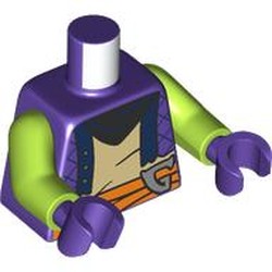 LEGO part 973c18h09pr0001 Torso, Lime Arms, Dark Purple Hands with print in Medium Lilac/ Dark Purple