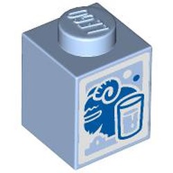 LEGO part 3005pr0020 Brick 1 x 1 with Blue Milk / Bantha Carton Print in Light Royal Blue/ Bright Light Blue
