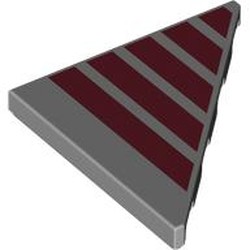 LEGO part 7975pr0002 Tile 45° Cut 4 x 4 (Triangle) with Dark Red Stripes print in Medium Stone Grey/ Light Bluish Gray