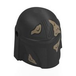 LEGO part 87610pr0019 Helmet Mandalorian with Holes with Black Visor, Dark Tan Mud Stains print in Titanium Metallic / Pearl Titanium