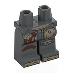 LEGO part 970c12pr0016 Hips and Dark Bluish Gray Legs with Dark Tan Belt and Left Knee Pad, Reddish Brown Right Knee Pad, Mud Stains Print in Dark Stone Grey / Dark Bluish Gray