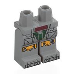 LEGO part 970c14pr0009 Hips and Sand Blue Legs with Dark Red Belt, Dark Green Armor, Yellow Knees print in Medium Stone Grey/ Light Bluish Gray