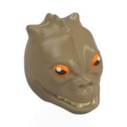 LEGO part 87570pr0004 Minifig Head Special, Trandoshan, Orange Eyes, White Pupils Print (Bossk) in Sand Yellow/ Dark Tan