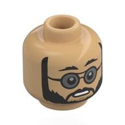 LEGO part 28621pr0148 Minifig Head Doctor Pershing, Black Beard, Glasses with Trans-Black Lenses, Worried in Warm Tan