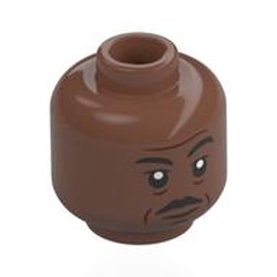 LEGO part 28621pr0147 Minifig Head Moff Gideon, Black Eyebrows, Moustache, Wrinkles, Neutral / Angry in Medium Brown