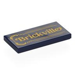 LEGO part 87079pr0274 Tile 2 x 4 with Gold Sign, 'Brickville' Print in Earth Blue/ Dark Blue