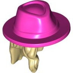 LEGO part 79989pat0004 Hair and Hat, Long with Dark Pink Hat Pattern in Brick Yellow/ Tan