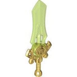 LEGO part 7602pat0002 Weapon, Sword Large with Trans-Bright Green Blade pattern in Warm Gold/ Pearl Gold