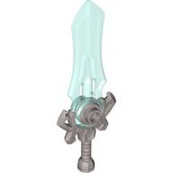 LEGO part 7602pat0003 Weapon, Sword Large with Trans-Light Blue Blade pattern in Silver Metallic/ Flat Silver