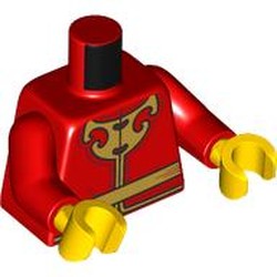 LEGO part 973c22h01pr0020 Torso, Tunic, Gold Sash, Trim, Emblem print, Red Arms, Yellow Hands in Bright Red/ Red