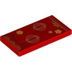 LEGO part 87079pr9832 Tile 2 x 4 with Gold Flowers, Chinese Lampoons print in Bright Red/ Red